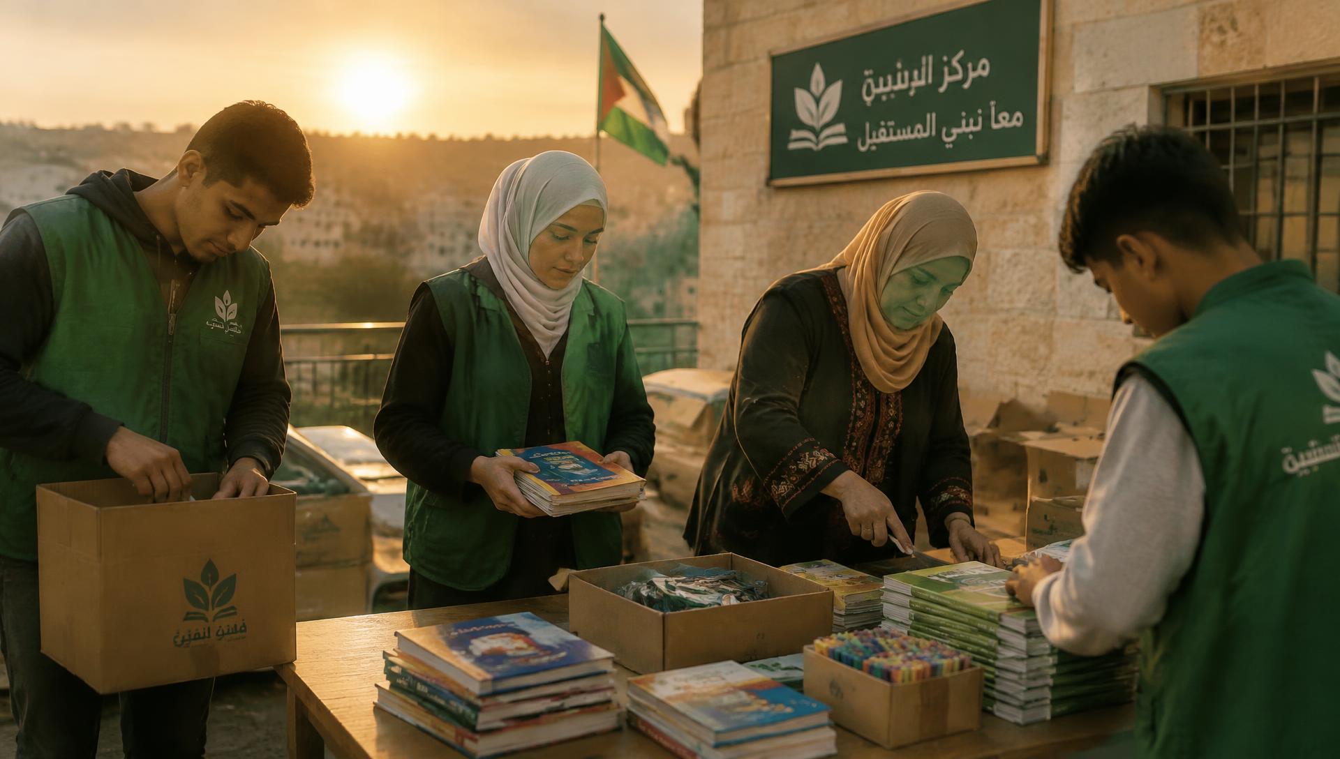 متطوعون ومعلمون يرتبون الكتب والمستلزمات في مركز مجتمعي